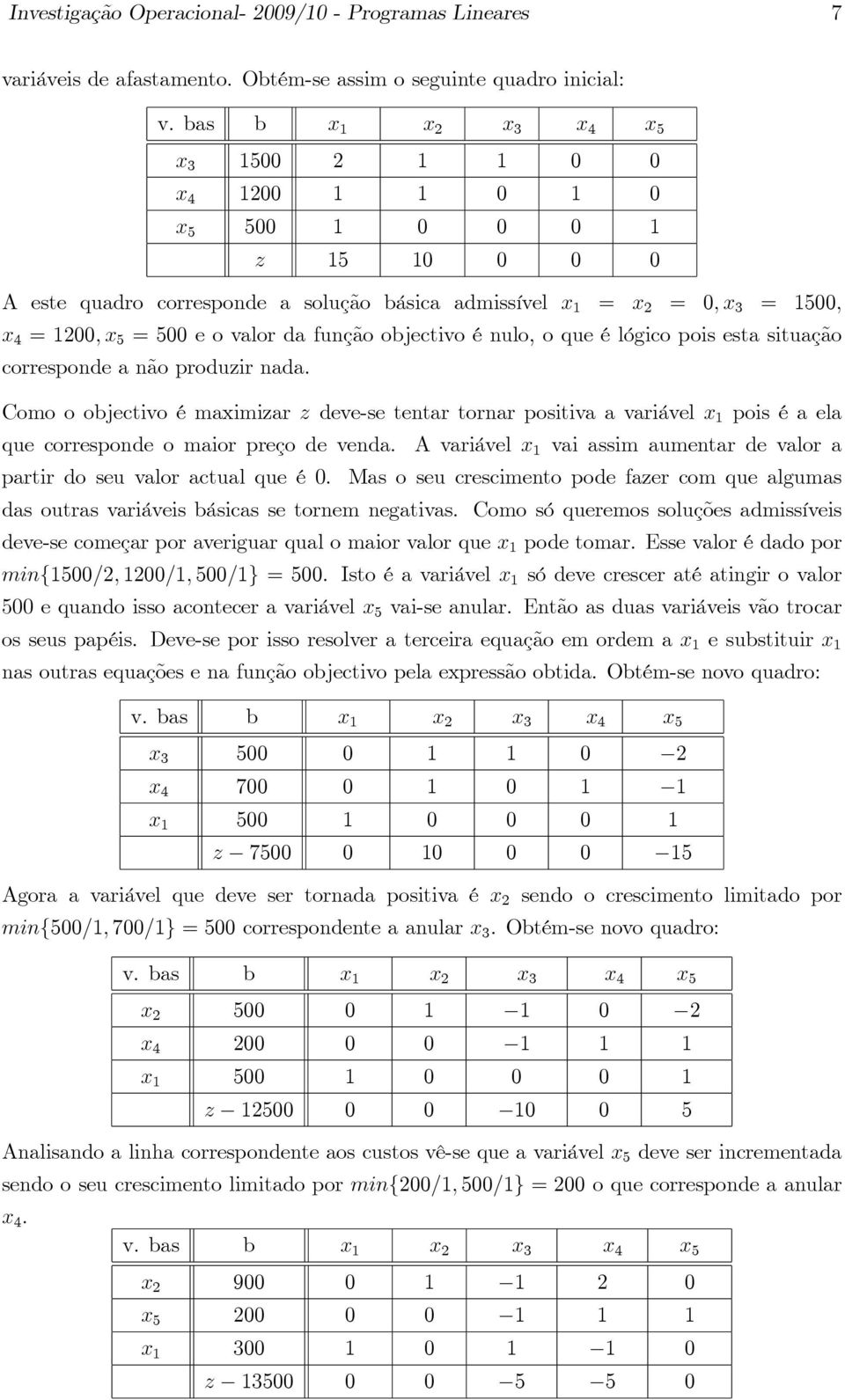 corresponde a não produzir nada Como o objectivo é maximizar z deve-se tentar tornar positiva a variável x 1 pois é a ela que corresponde o maior preço de venda A variável x 1 vai assim aumentar de