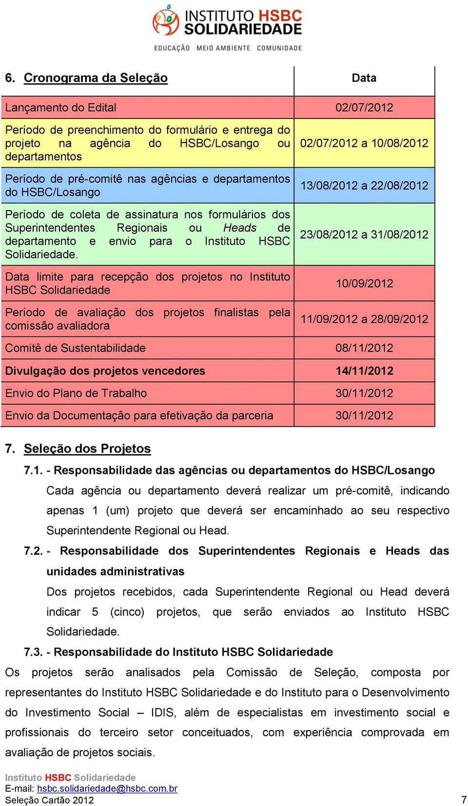 Data limite para recepção dos projetos no Instituto HSBC Solidariedade Período de avaliação dos projetos finalistas pela comissão avaliadora 02/07/2012 a 10/08/2012 13/08/2012 a 22/08/2012 23/08/2012