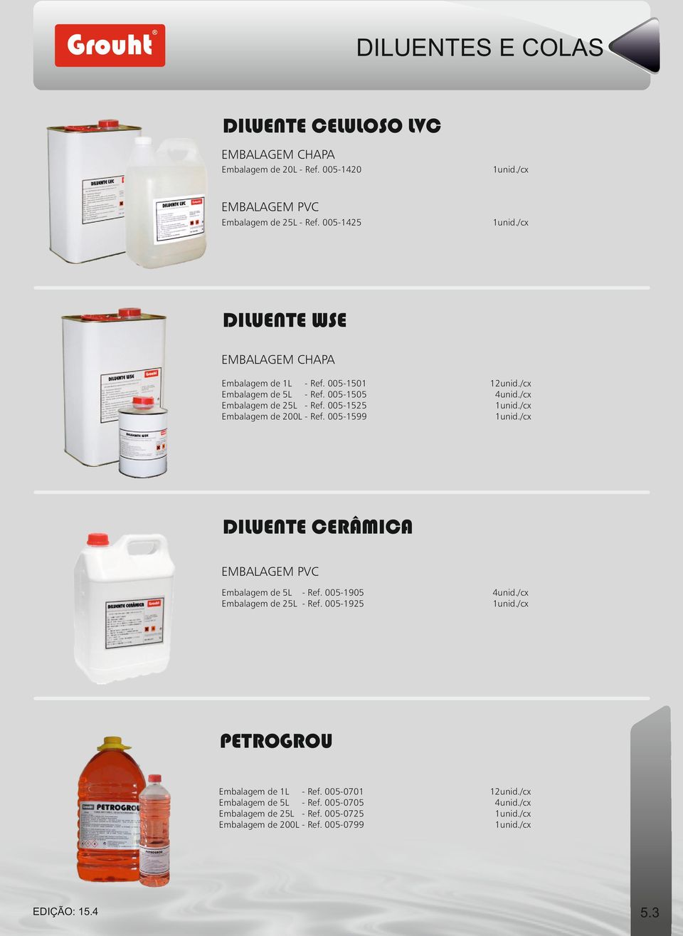 005-1525 Embalagem de 200L - Ref. 005-1599 DILUENTE CERÂMICA EMBALAGEM PVC Embalagem de 5L - Ref. 005-1905 Embalagem de 25L - Ref.