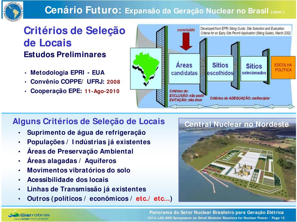 Critérios de Seleção de Locais Suprimento de água de refrigeração Populações / Indústrias já existentes Áreas de Preservação Ambiental Áreas alagadas /