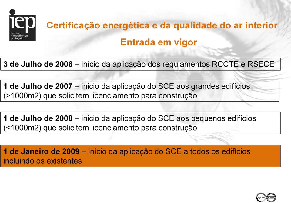 de Julho de 2008 inicio da aplicação do SCE aos pequenos edifícios (<1000m2) que solicitem licenciamento