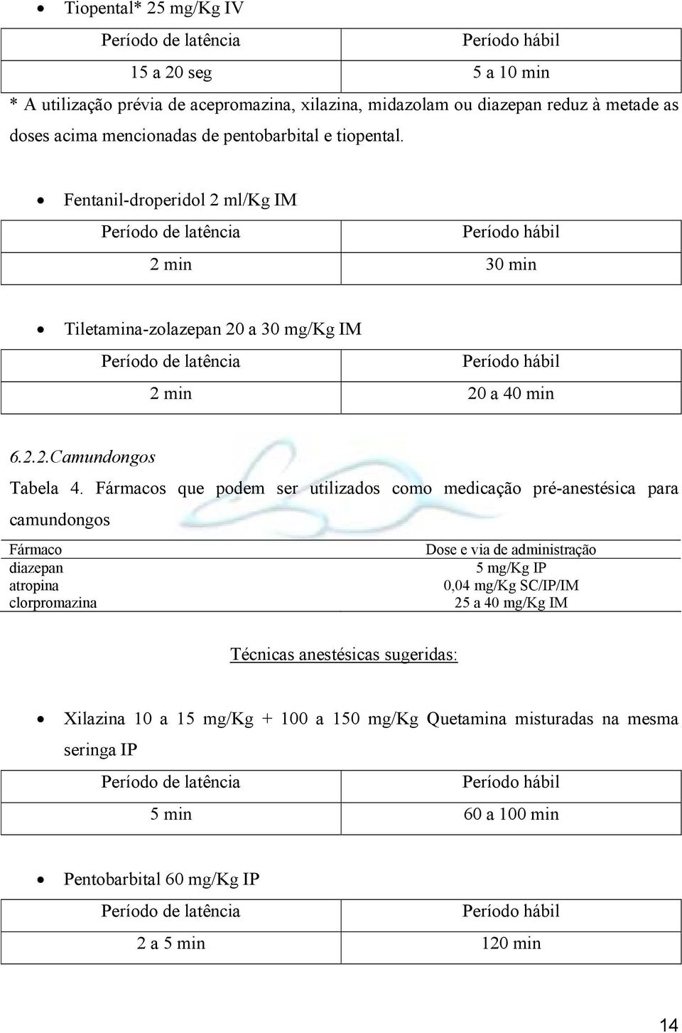 Fármacos que podem ser utilizados como medicação pré-anestésica para camundongos Fármaco Dose e via de administração diazepan 5 mg/kg IP atropina 0,04 mg/kg SC/IP/IM