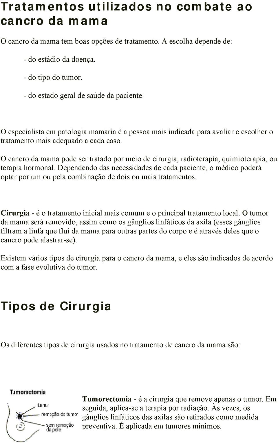 O cancro da mama pode ser tratado por meio de cirurgia, radioterapia, quimioterapia, ou terapia hormonal.