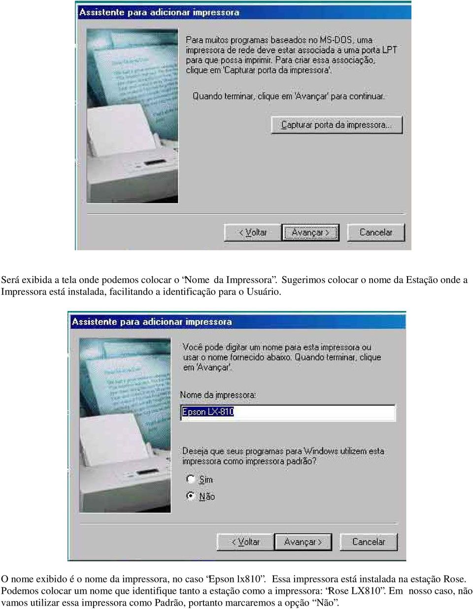 O nome exibido é o nome da impressora, no caso Epson lx810. Essa impressora está instalada na estação Rose.