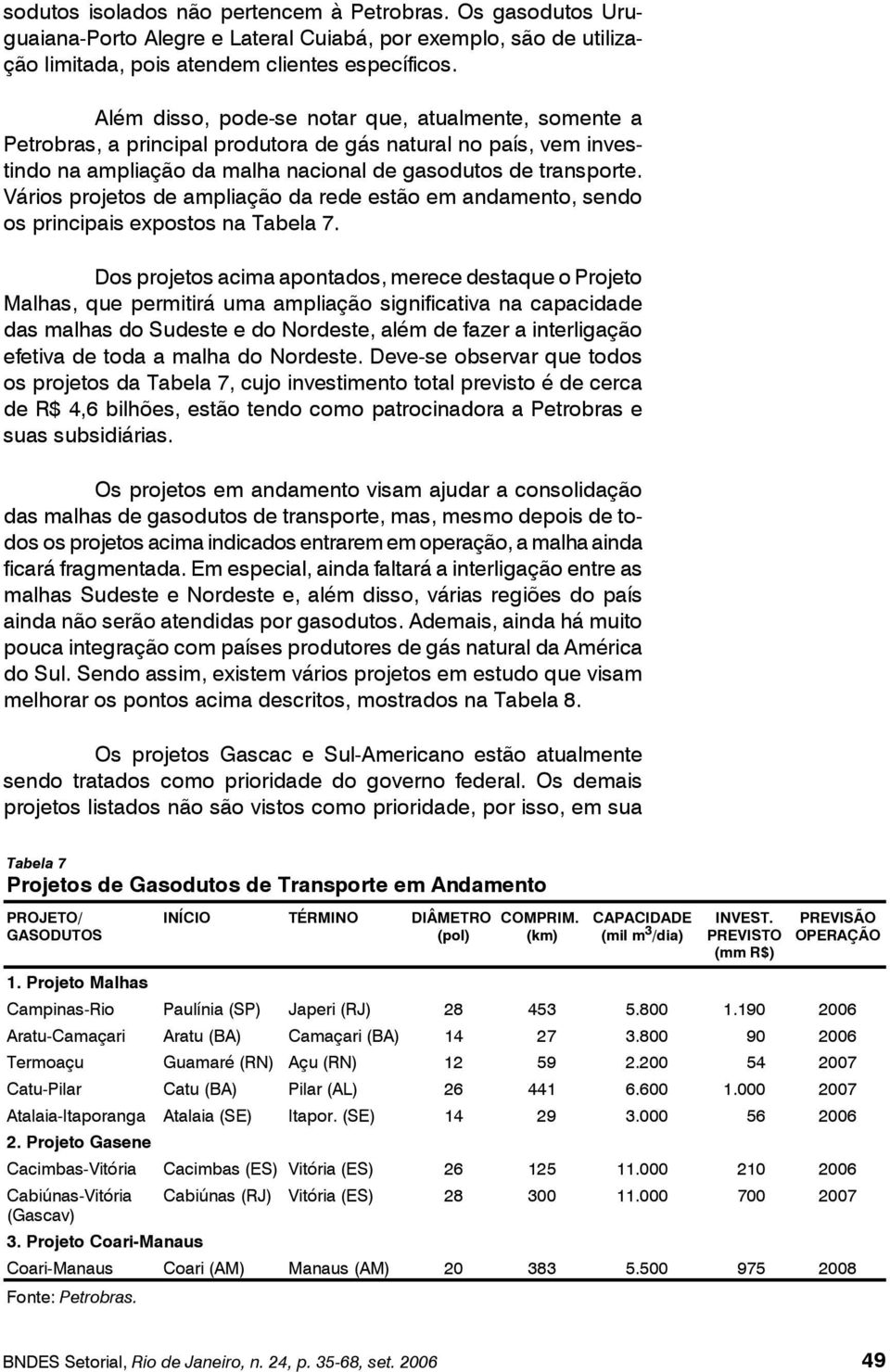 Vários projetos de ampliação da rede estão em andamento, sendo os principais expostos na Tabela 7.