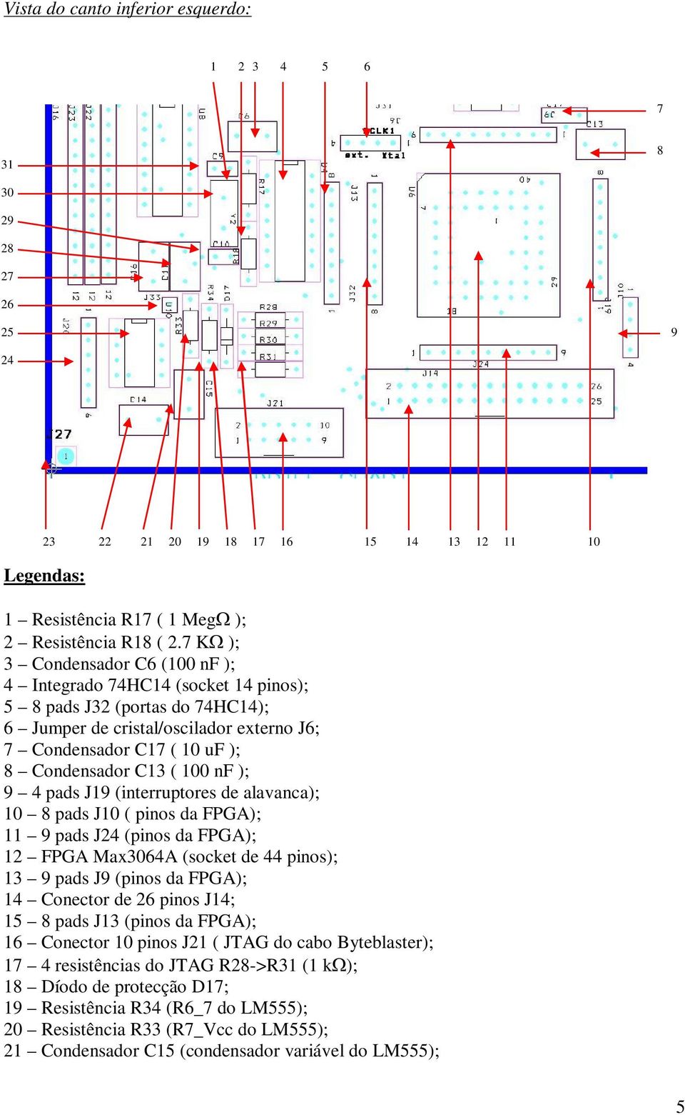 (interruptores de alavanca); 10 pads J10 ( pinos da FPGA); pads J24 (pinos da FPGA); 12 FPGA Max304A (socket de 44 pinos); pads J (pinos da FPGA); 14 Conector de 2 pinos J14; 15 pads J (pinos da