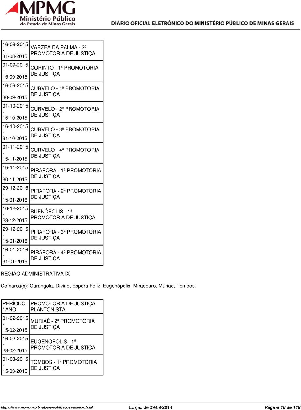 BUENÓPOLIS 1ª PIRAPORA 3ª PROMOTORIA PIRAPORA 4ª PROMOTORIA REGIÃO ADMINISTRATIVA IX Comarca(s): Carangola, Divino, Espera Feliz, Eugenópolis, Miradouro, Muriaé, Tombos.