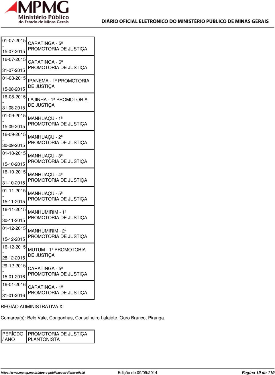 MANHUAÇU 2ª MANHUAÇU 3ª MANHUAÇU 4ª MANHUAÇU 5ª MANHUMIRIM 1ª MANHUMIRIM 2ª MUTUM 1ª PROMOTORIA CARATINGA 5ª CARATINGA 1ª REGIÃO ADMINISTRATIVA XI Comarca(s): Belo