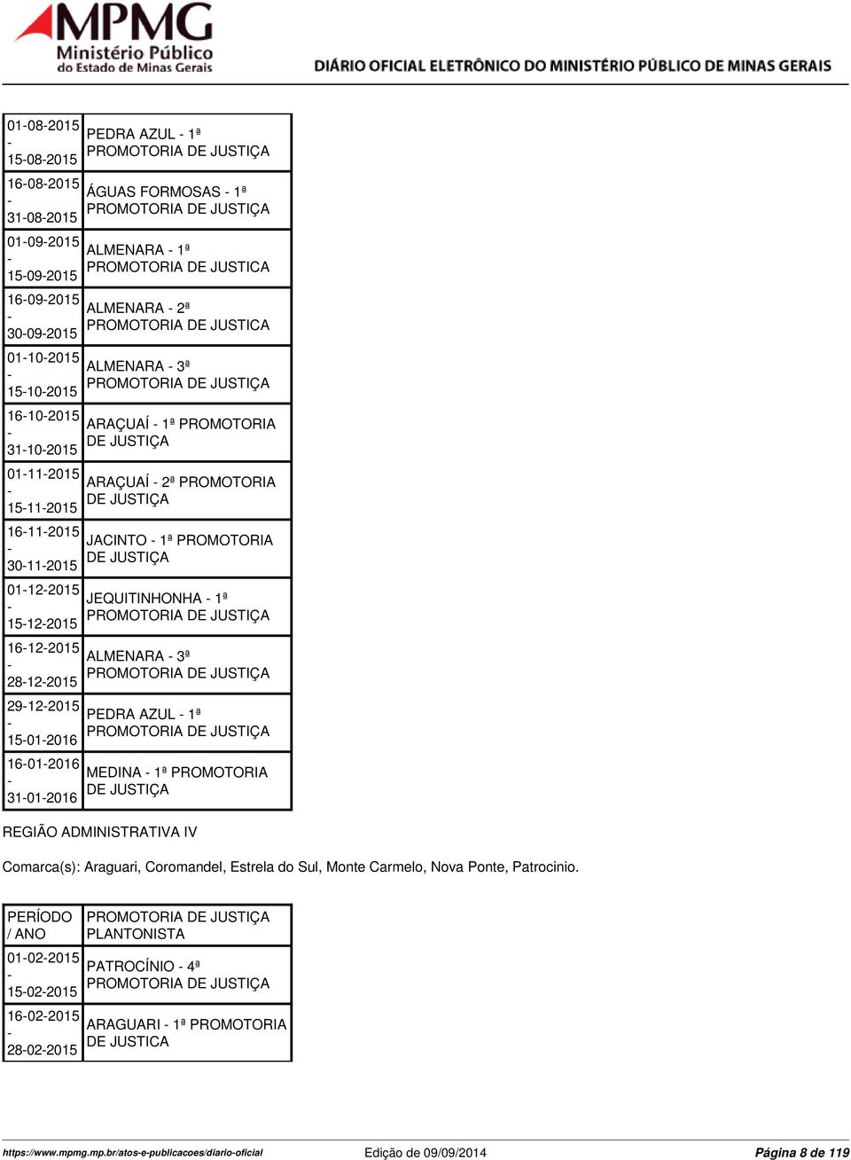 JACINTO 1ª PROMOTORIA JEQUITINHONHA 1ª ALMENARA 3ª PEDRA AZUL 1ª MEDINA 1ª PROMOTORIA REGIÃO ADMINISTRATIVA IV Comarca(s): Araguari, Coromandel, Estrela do Sul, Monte Carmelo, Nova Ponte,