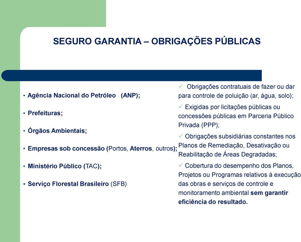 concessão (Portos, Aterros, outros); Planos de Remediação, Desativação ou Reabilitação de Áreas Degradadas; Ministério Público (TAC); Serviço Florestal Brasileiro (SFB)