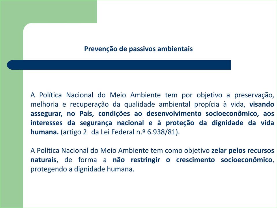 segurança nacional e à proteção da dignidade da vida humana. (artigo 2 da Lei Federal n.º 6.938/81).