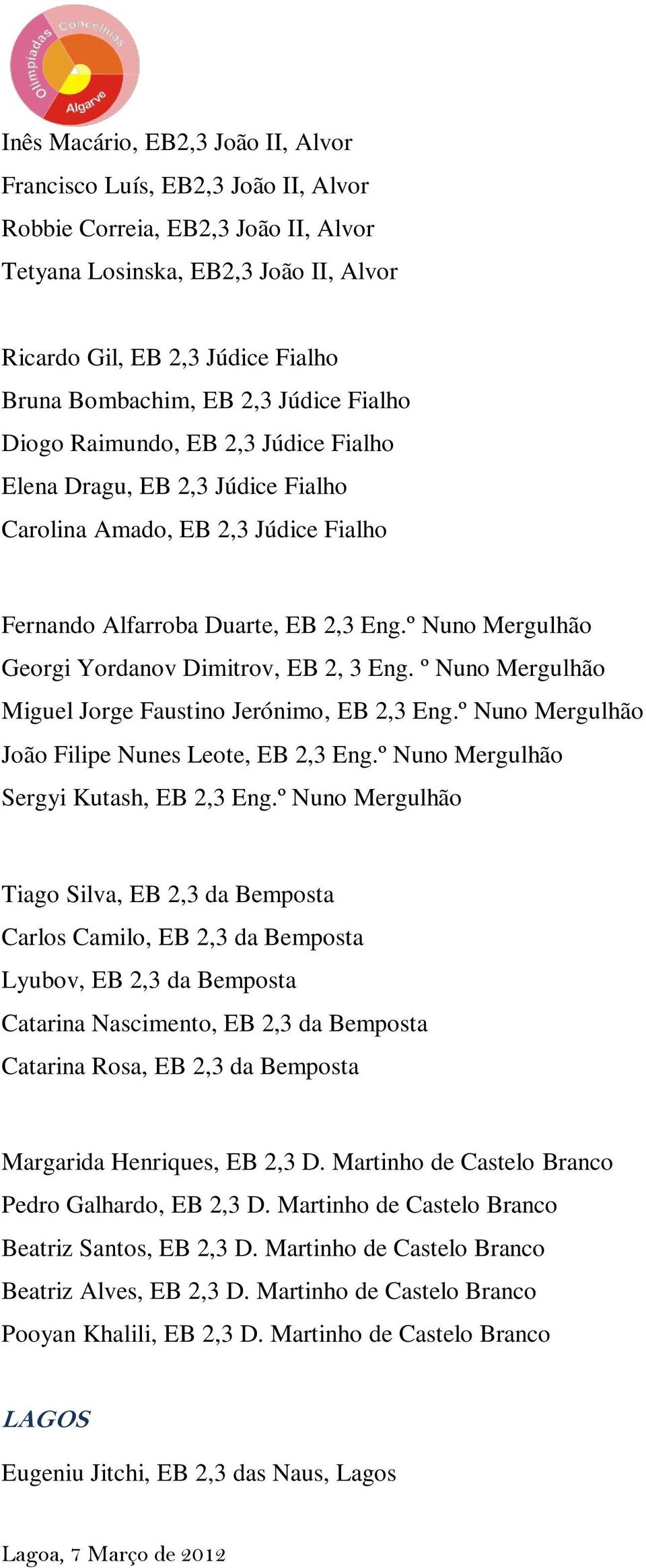 º Nuno Mergulhão Georgi Yordanov Dimitrov, EB 2, 3 Eng. º Nuno Mergulhão Miguel Jorge Faustino Jerónimo, EB 2,3 Eng.º Nuno Mergulhão João Filipe Nunes Leote, EB 2,3 Eng.