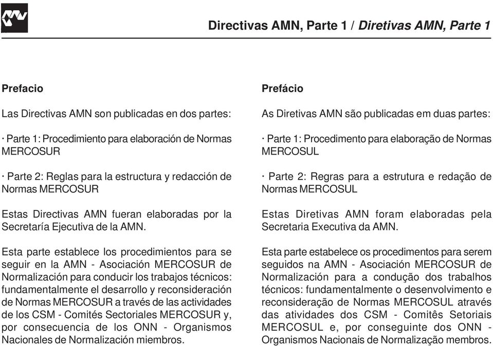 Esta parte establece los procedimientos para se seguir en la AMN - Asociación MERCOSUR de Normalización para conducir los trabajos técnicos: fundamentalmente el desarrollo y reconsideración de Normas