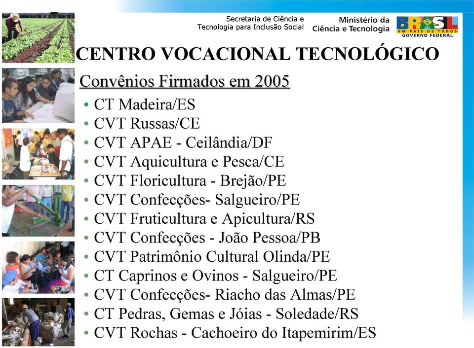 Confecções - João Pessoa/PB CVT Patrimônio Cultural Olinda/PE CT Caprinos e Ovinos - Salgueiro/PE CVT