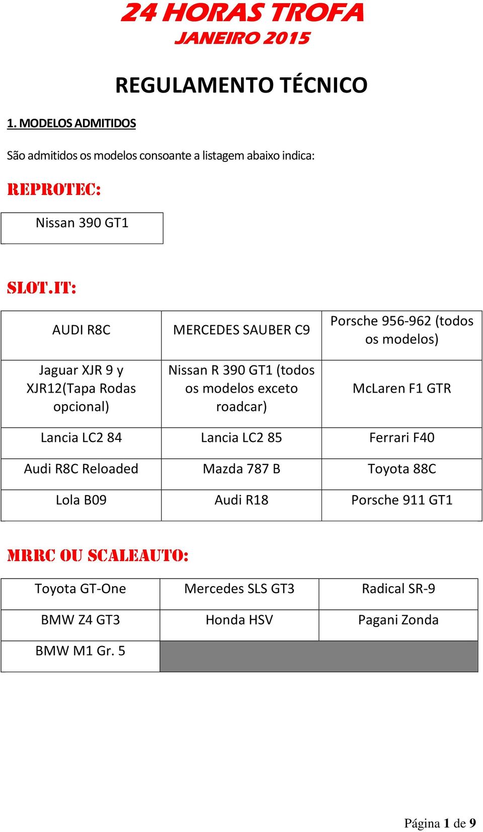 956-962 (todos os modelos) McLaren F1 GTR Lancia LC2 84 Lancia LC2 85 Ferrari F40 Audi R8C Reloaded Mazda 787 B Toyota 88C Lola B09 Audi