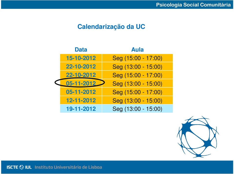 (15:00-17:00) 05-11-2012 Seg (13:00-15:00) 05-11-2012 Seg