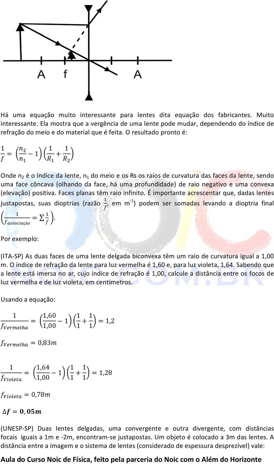 Onde n 2 é o índice da lente, n do meio e os Rs os raios de curvatura das faces da lente, sendo uma face côncava (olhando da face, há uma profundidade) de raio negativo e uma convexa (elevação)