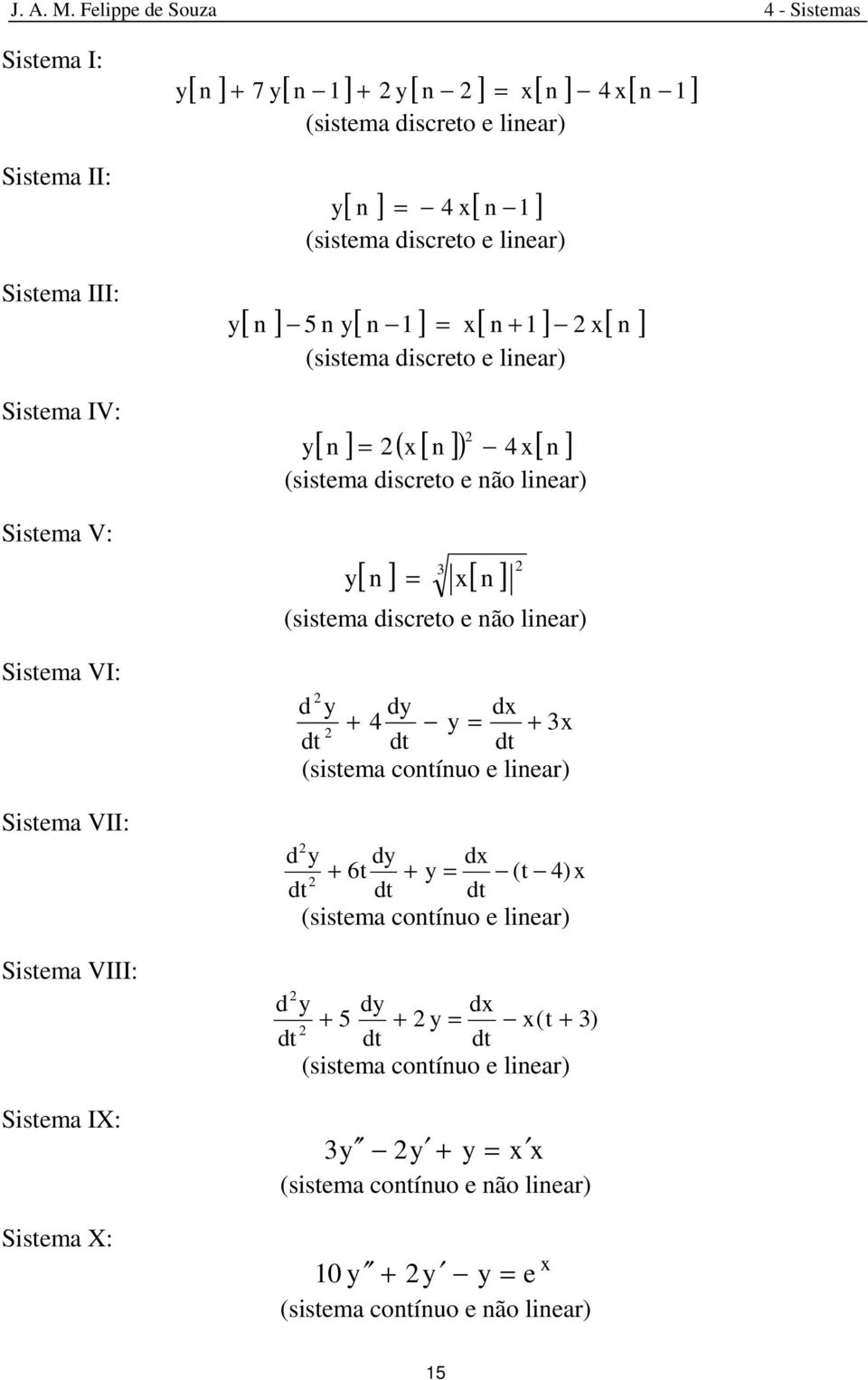 (sistema discreto e não linear) [ n ] x[ n ] 3 (sistema discreto e não linear) d d dx + 4 + 3x dt dt dt (sistema contínuo e linear) d d dx + 6t + (t 4)x dt dt dt