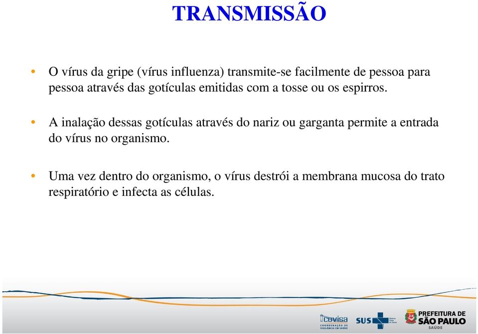 A inalação dessas gotículas através do nariz ou garganta permite a entrada do vírus no