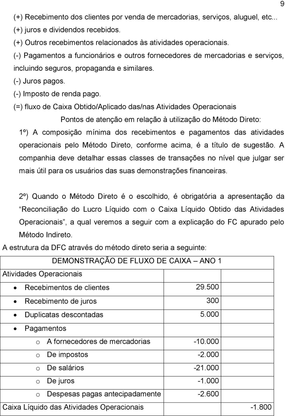 (=) fluxo de Caixa Obtido/Aplicado das/nas Atividades Operacionais Pontos de atenção em relação à utilização do Método Direto: 1º) A composição mínima dos recebimentos e pagamentos das atividades