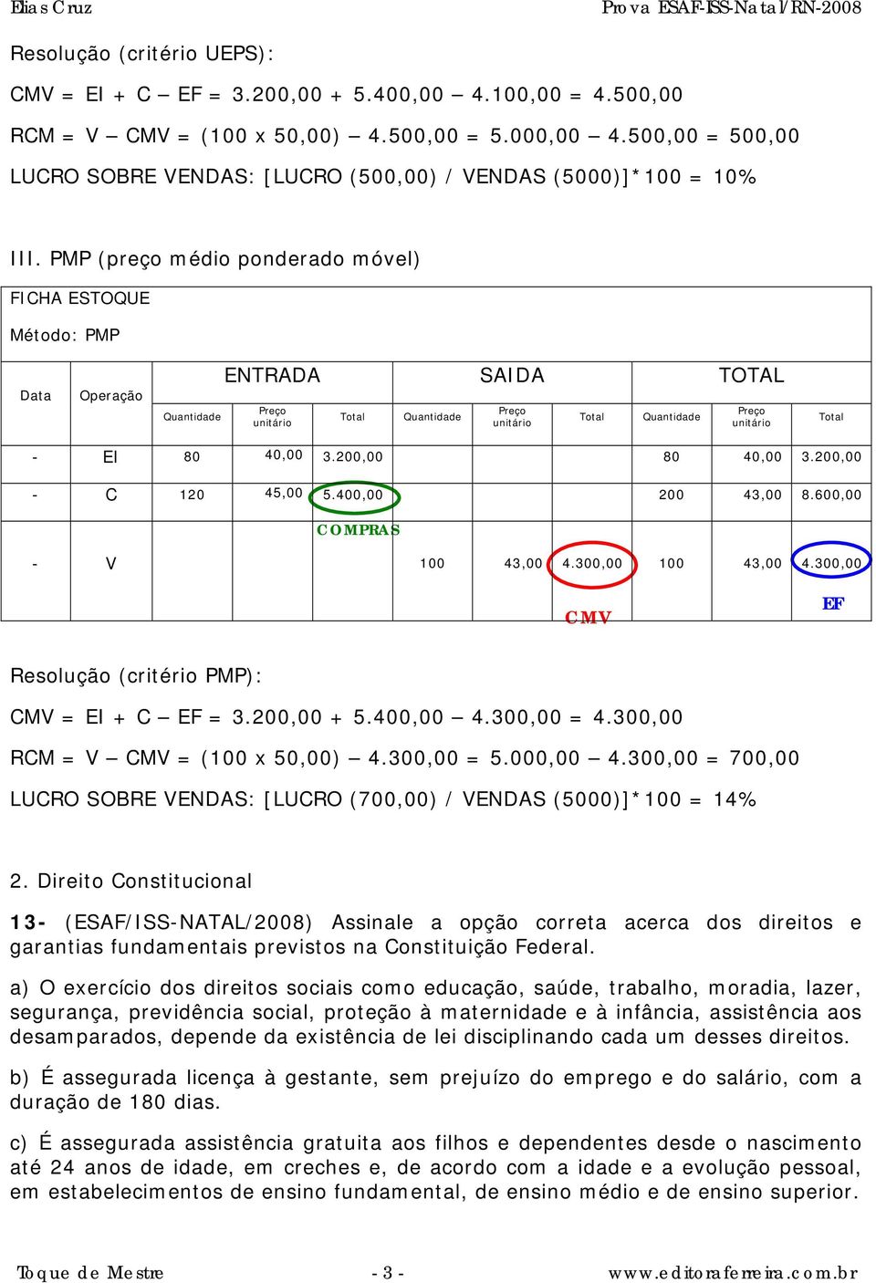 PMP (preço médio ponderado móvel) FICHA ESTOQUE Método: PMP Data Operação ENTRADA SAIDA TOTAL Quantidade Quantidade Quantidade - EI 80 40,00 3.200,00 80 40,00 3.200,00 - C 120 45,00 5.