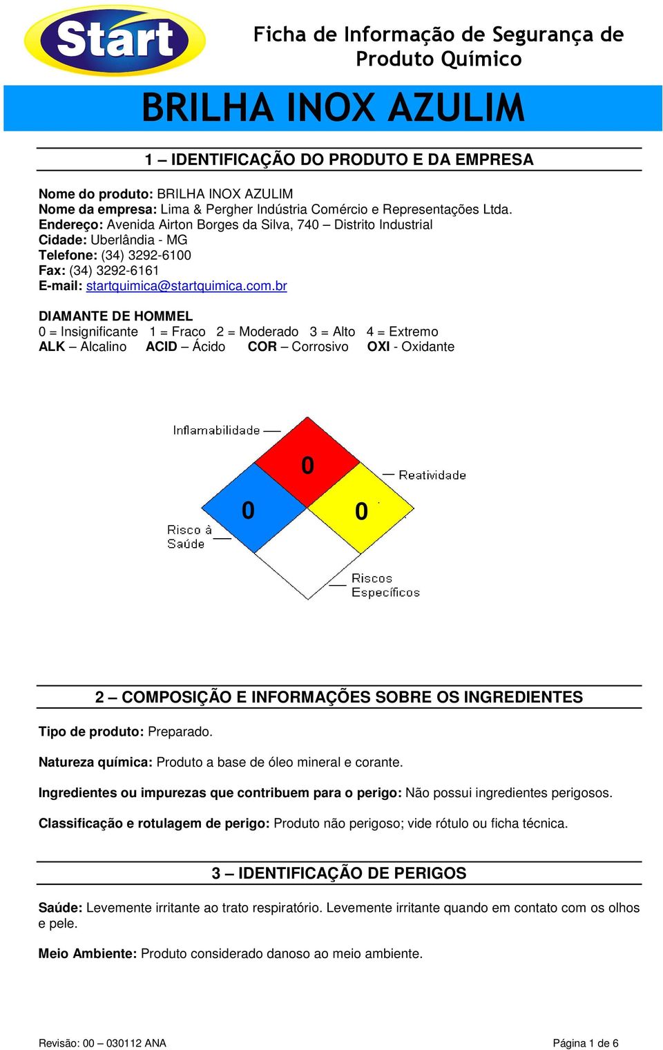 br DIAMANTE DE HOMMEL 0 = Insignificante 1 = Fraco 2 = Moderado 3 = Alto 4 = Extremo ALK Alcalino ACID Ácido COR Corrosivo OXI - Oxidante 0 0 0 2 COMPOSIÇÃO E INFORMAÇÕES SOBRE OS INGREDIENTES Tipo