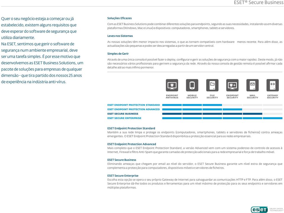 É por esse motivo que desenvolvemos as ESET Business Solutions, um pacote de soluções para empresas de qualquer dimensão - que tira partido dos nossos 25 anos de experiência na indústria anti-vírus.