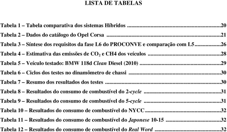 ..28 Tabela 5 Veículo testado: BMW 118d Clean Diesel (2010)...29 Tabela 6 Ciclos dos testes no dinamômetro de chassi...30 Tabela 7 Resumo dos resultados dos testes.