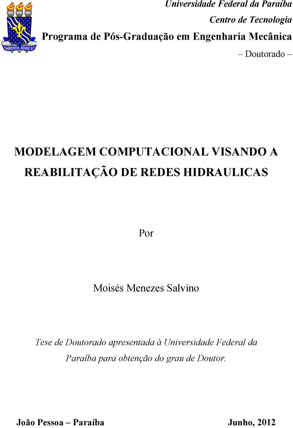 REDES HIDRAULICAS Por Moisés Menezes Salvino Tese de Doutorado apresentada à