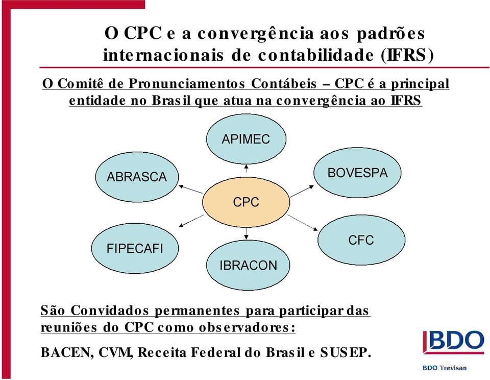 IFRS APIMEC ABRASCA BOVESPA CPC FIPECAFI IBRACON CFC São Convidados permanentes para