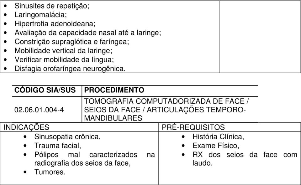 004-4 PROCEDIMENTO TOMOGRAFIA COMPUTADORIZADA DE FACE / SEIOS DA FACE / ARTICULAÇÕES TEMPORO- MANDIBULARES Sinusopatia crônica,