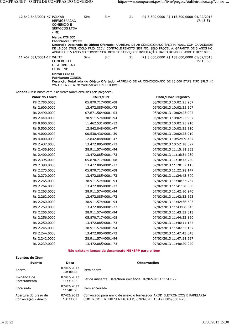 CONTROLE REMOTO SEM FIO. SELO PROCEL A. GARANTIA DE 3 ANOS NO APARELHO E 5 ANOS NO COMPRESSOR. INCLUSO SERVIÇO DE INSTALAÇÃO. MARCA KOMECO, MODELO KOS18FC. Sim Sim 21 R$ 8.000,0000 R$ 168.