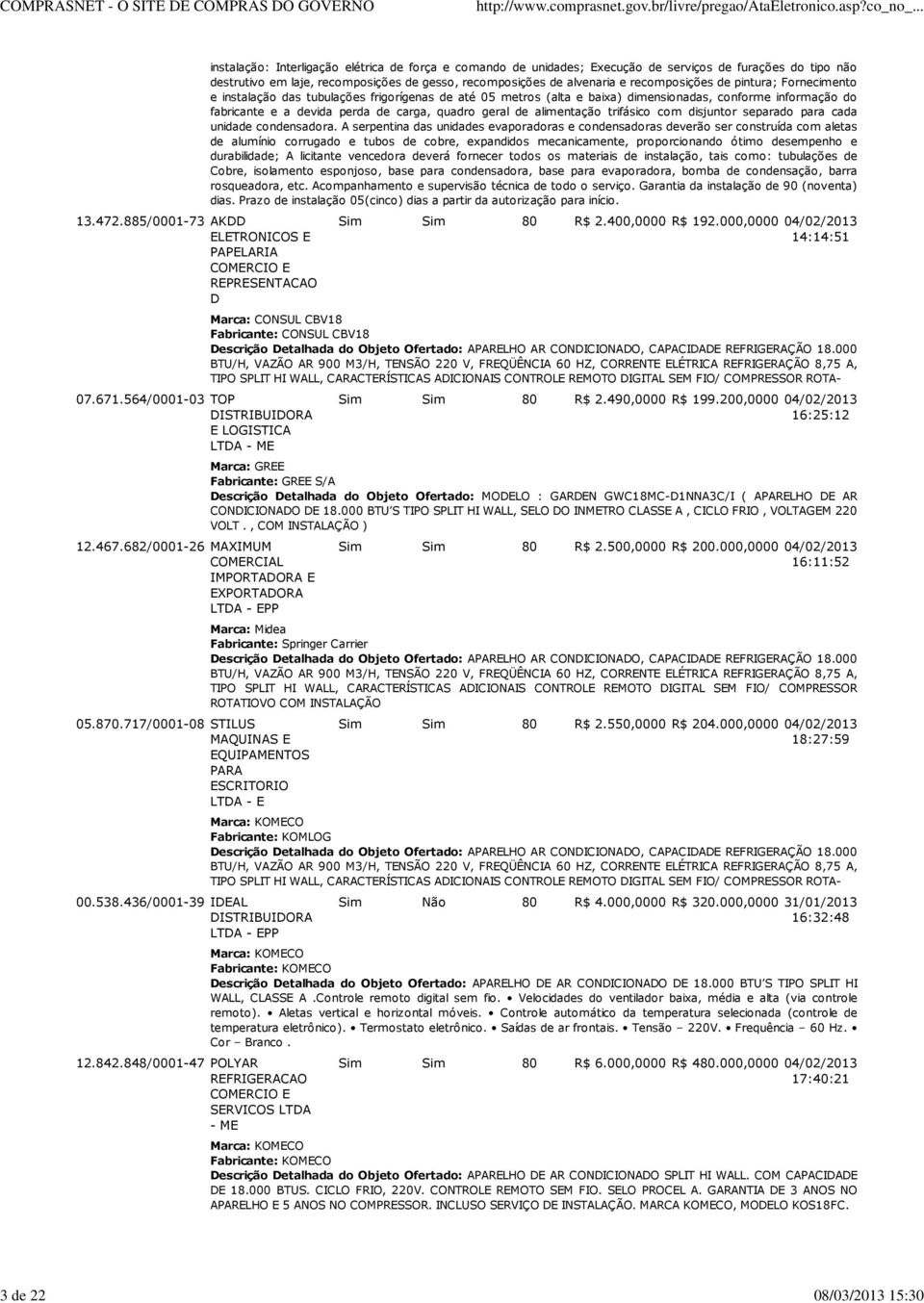 848/0001-47 POLYAR REFRIGERACAO SERVICOS LTDA - ME instalação: Interligação elétrica de força e comando de unidades; Execução de serviços de furações do tipo não destrutivo em laje, recomposições de