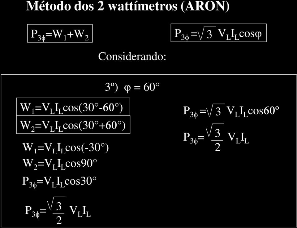 I L cos(0 +60 ) W 1 =V L I L cos(-0 ) W 2 =V L I L cos90 P f =