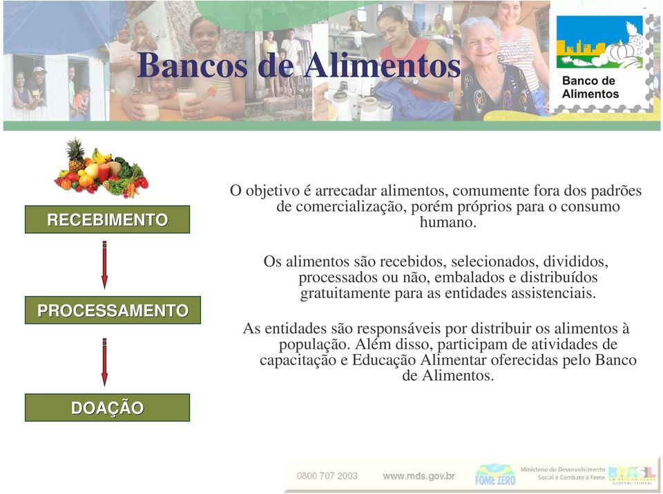 Os alimentos são recebidos, selecionados, divididos, processados ou não, embalados e distribuídos gratuitamente para as