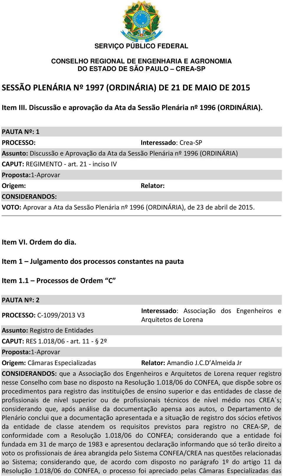 21 - inciso IV Origem: Relator: CONSIDERANDOS: VOTO: Aprovar a Ata da Sessão Plenária nº 1996 (ORDINÁRIA), de 23 de abril de 2015. Item VI. Ordem do dia.