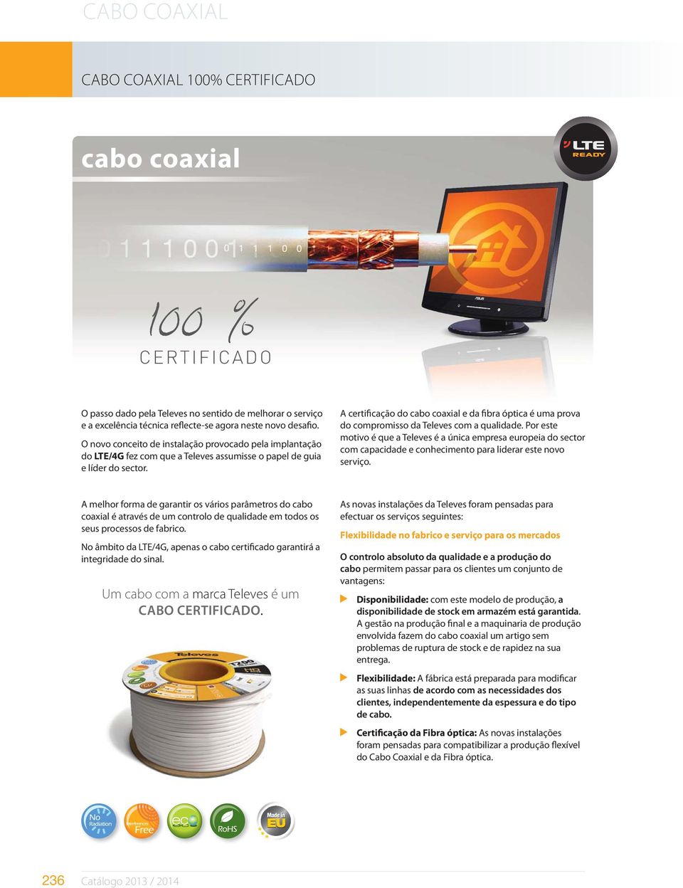 A certificação do cabo coaxial e da fibra óptica é uma prova do compromisso da Televes com a qualidade.