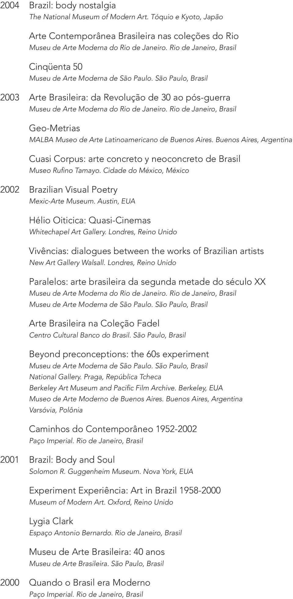 Aires. Buenos Aires, Argentina Cuasi Corpus: arte concreto y neoconcreto de Brasil Museo Rufino Tamayo. Cidade do México, México 2002 Brazilian Visual Poetry Mexic-Arte Museum.