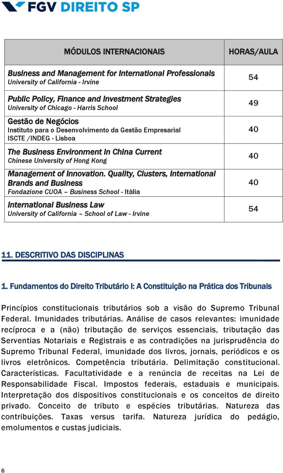 Quality, Clusters, International Brands and Business Fondazione CUOA Business School - Itália International Business Law University of California School of Law - Irvine HORAS/AULA 54 49 40 40 40 54