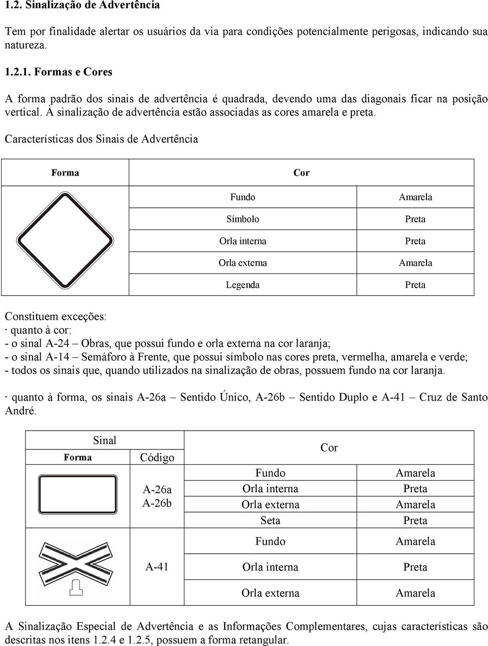 Características dos Sinais de Advertência Forma Cor Fundo Símbolo Orla interna Orla externa Legenda Amarela Preta Preta Amarela Preta Constituem exceções: quanto à cor: - o sinal A-24 Obras, que