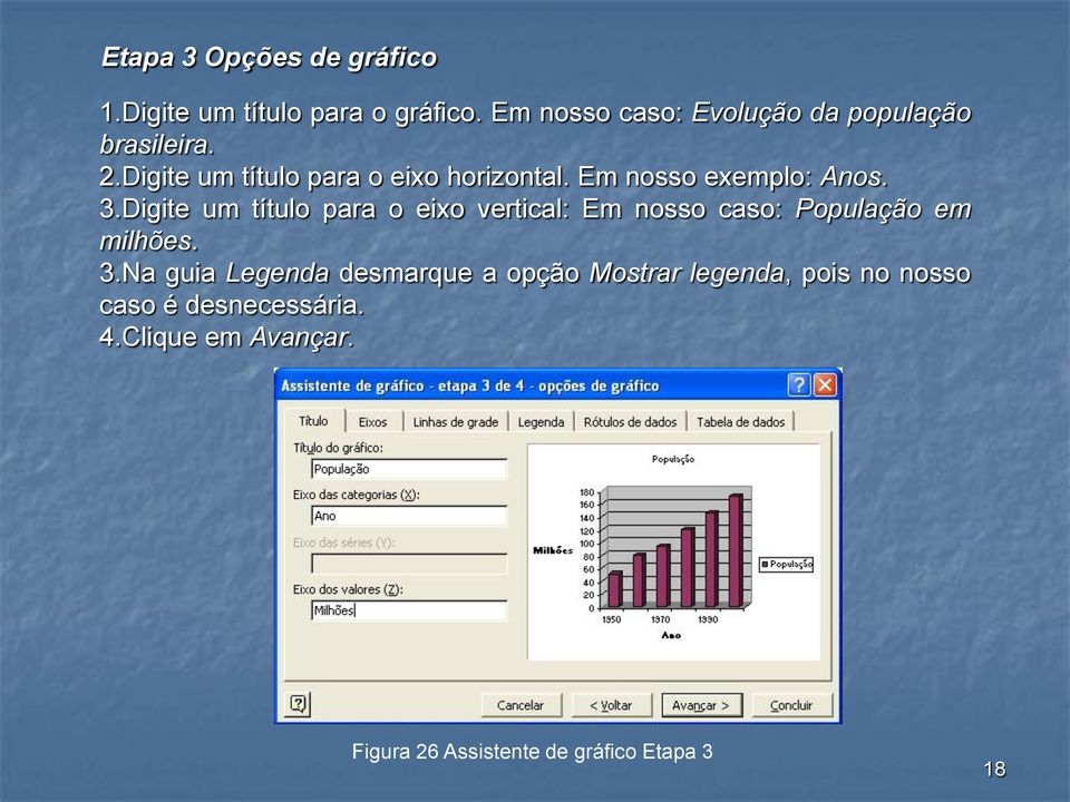 Em nosso exemplo: Anos. 3.Digite um título para o eixo vertical: Em nosso caso: População em milhões.