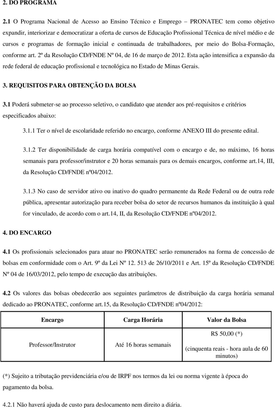 cursos e programas de formação inicial e continuada de trabalhadores, por meio do Bolsa-Formação, conforme art. 2º da Resolução CD/FNDE Nº 04, de 16 de março de 2012.