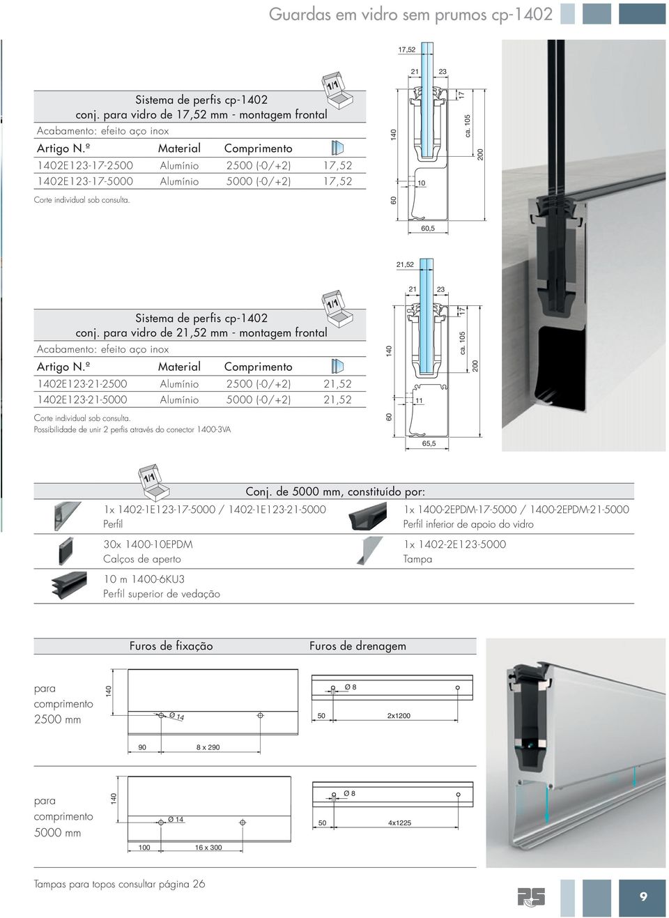 60 60 60,5 60,5 21,52 0 21,52 200 ca. 5 17 Sistema de perfis cp-1402 conj. para vidro de 21,52 mm - montagem frontal Acabamento: efeito aço inox Artigo N.