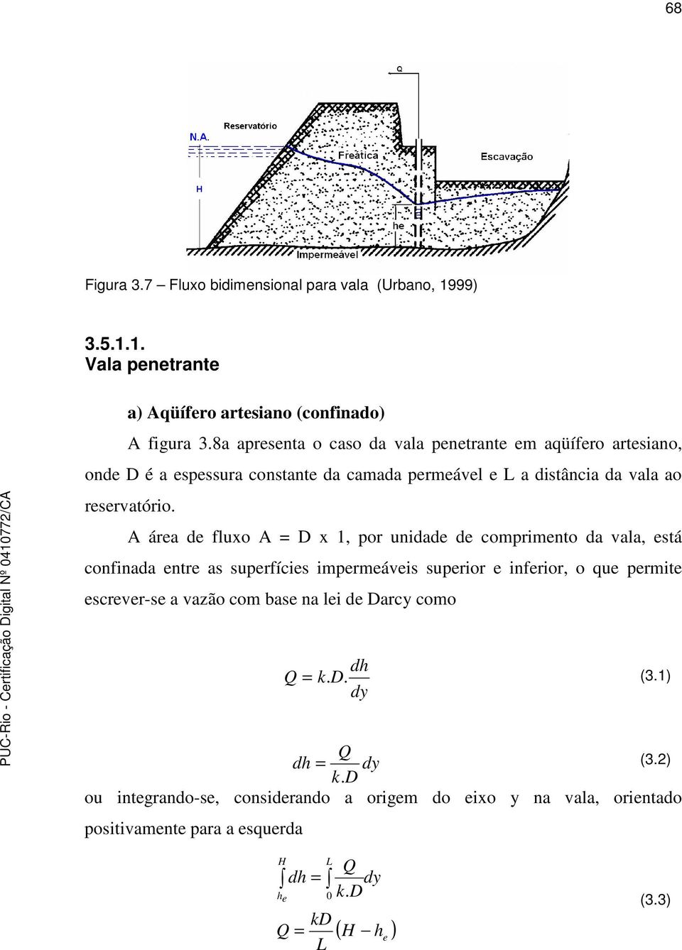 A área de fluxo A = D x 1, por unidade de comprimento da vala, está confinada entre as superfícies impermeáveis superior e inferior, o que permite escrever-se a