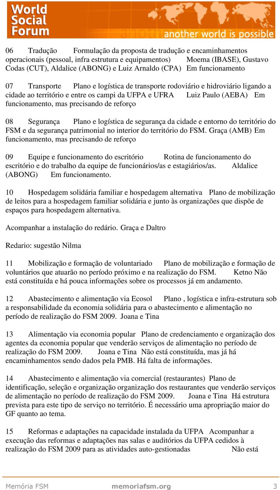 de reforço 08 Segurança Plano e logística de segurança da cidade e entorno do território do FSM e da segurança patrimonial no interior do território do FSM.