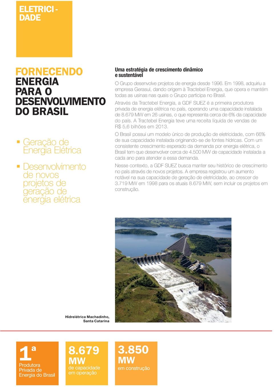 Em 1998, adquiriu a empresa Gerasul, dando origem à Tractebel Energia, que opera e mantém todas as usinas nas quais o Grupo participa no Brasil.