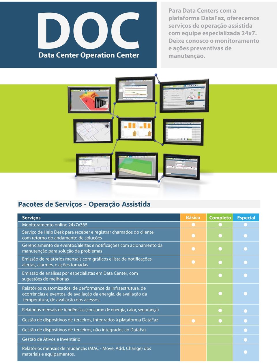 Pacotes de Serviços - Operação Assistida Serviços Básico Completo Especial Monitoramento online 24x7x365 Serviço de Help Desk para receber e registrar chamados do cliente, com retorno do andamento de