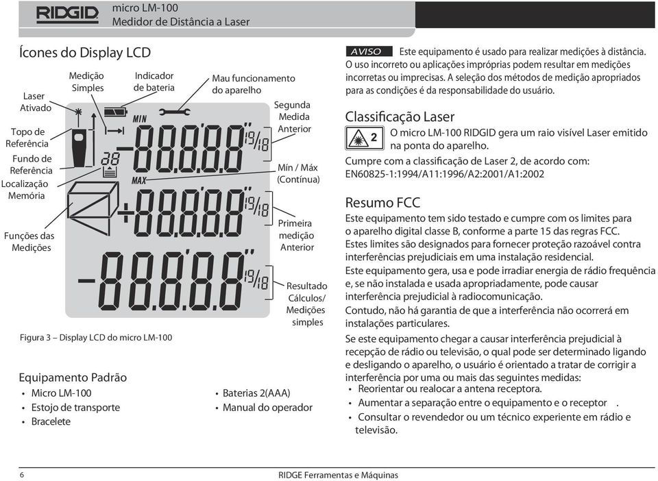 Baterias 2(AAA) Manual do operador AVISO Este equipamento é usado para realizar medições à distância. O uso incorreto ou aplicações impróprias podem resultar em medições incorretas ou imprecisas.