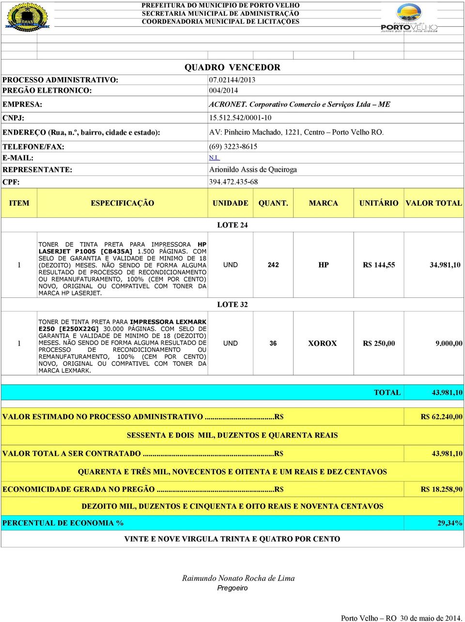 Corporativo Comercio e Serviços Ltda ME AV: Pinheiro Machado, 22, Centro Porto Velho RO. Arionildo Assis de Queiroga CPF: 394.472.435-68 ITEM ESPECIFICAÇÃO UNIDADE QUANT.