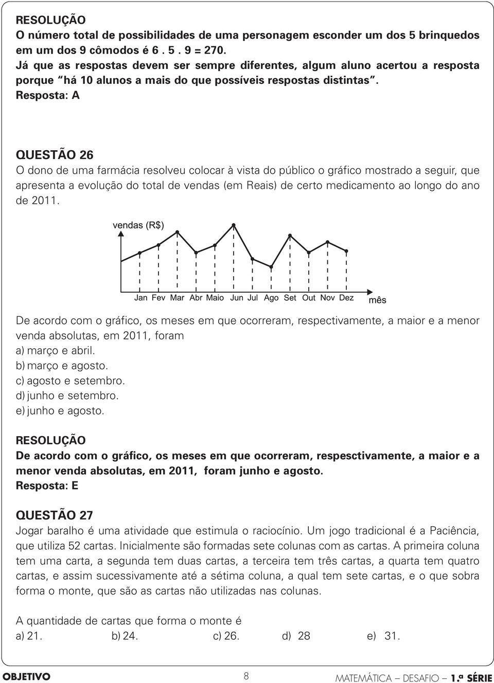 Resposta: A QUESTÃO 6 O dono de uma farmácia resolveu colocar à vista do público o gráfico mostrado a seguir, que apresenta a evolução do total de vendas (em Reais) de certo medicamento ao longo do